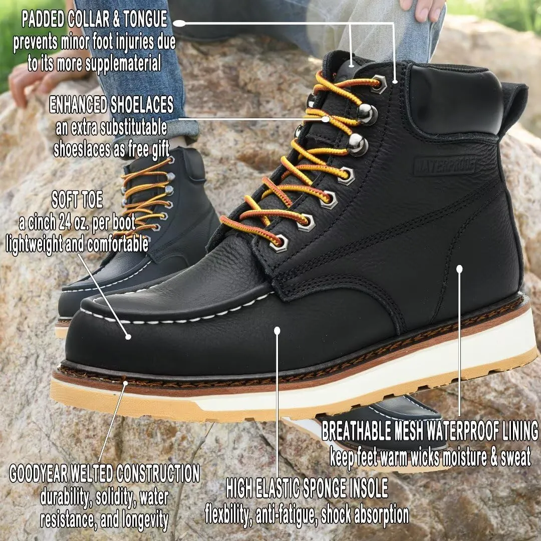 Work Boots for Men, 6" Soft Toe Wedge Sole Waterproof Safety Boots, Comfortable Construction Work Safety Shoes