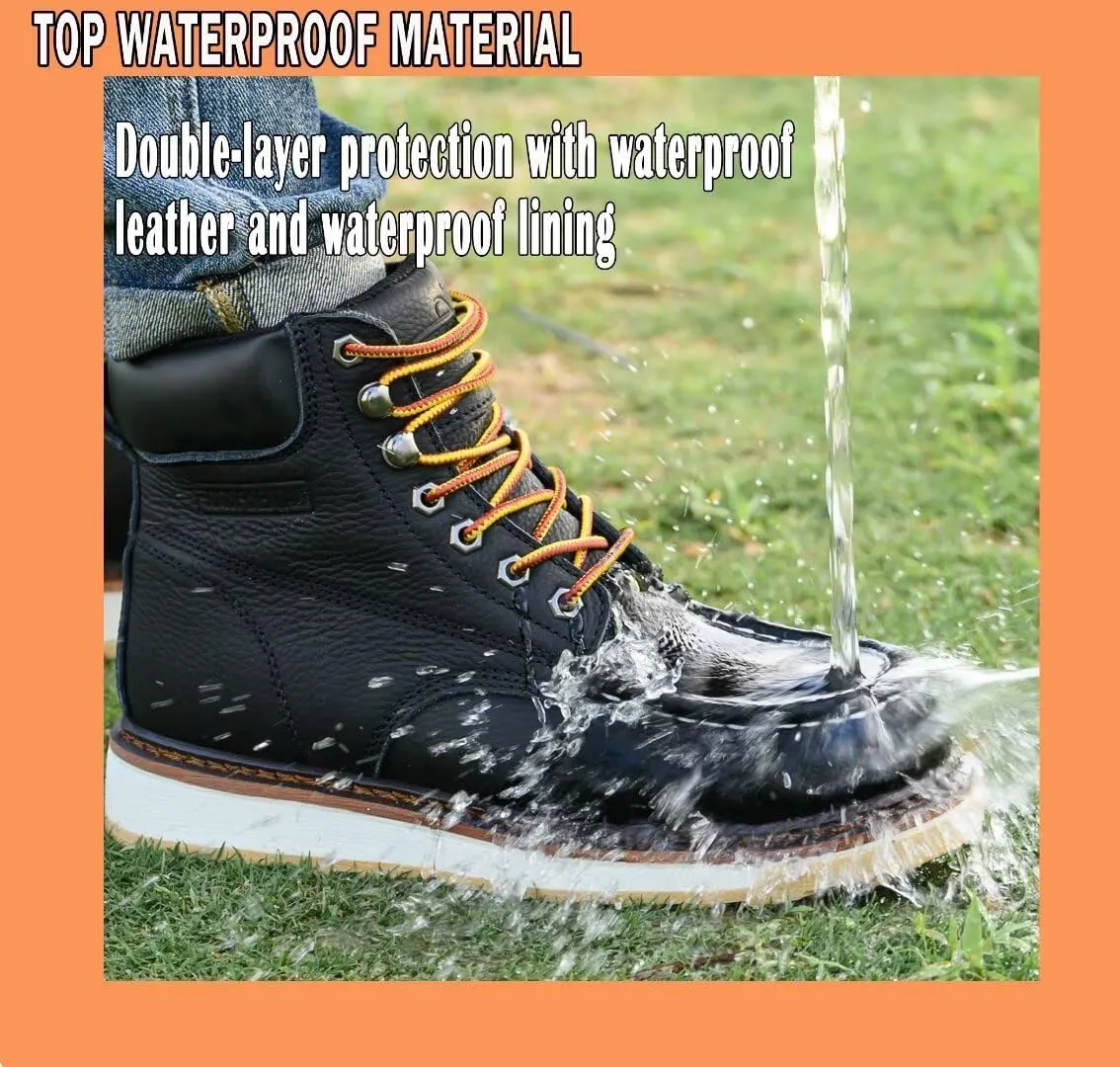 Work Boots for Men, 6" Soft Toe Wedge Sole Waterproof Safety Boots, Comfortable Construction Work Safety Shoes