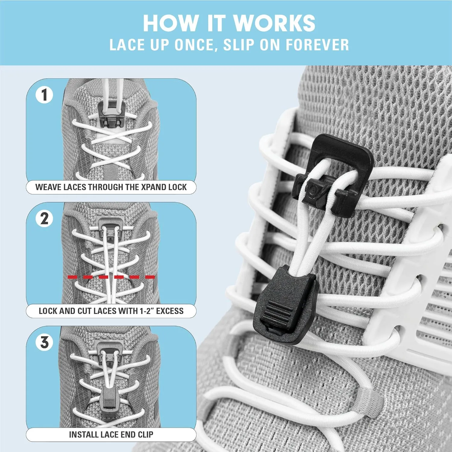 Xpand Round No Tie Shoelaces - Elastic Lacing System - One Size Fits All Adults and Kids Shoes (Pack of 2)