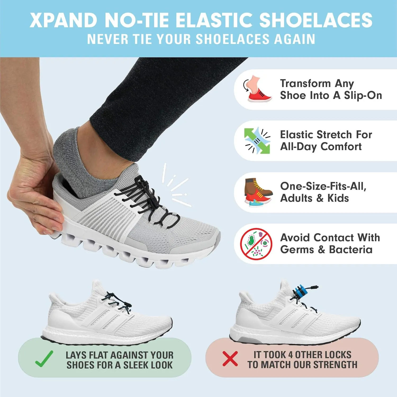 Xpand Round No Tie Shoelaces - Elastic Lacing System - One Size Fits All Adults and Kids Shoes (Pack of 2)