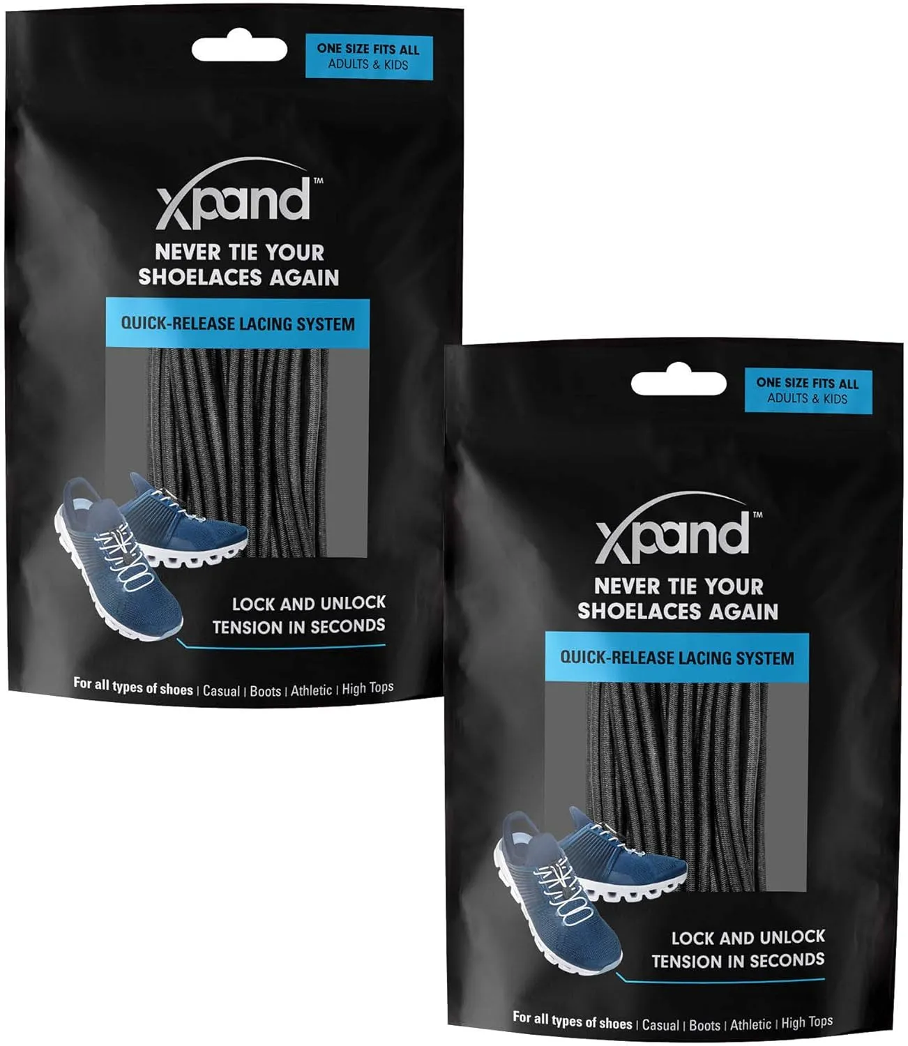 Xpand Round No Tie Shoelaces - Elastic Lacing System - One Size Fits All Adults and Kids Shoes (Pack of 2)