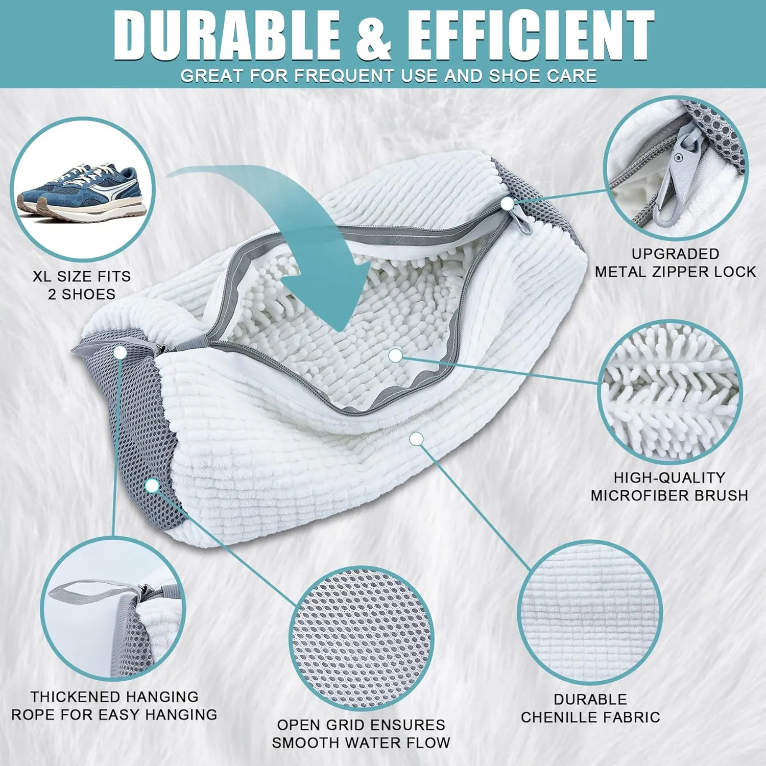 XXL Shoe Washing Machine Bag - 2-Pack Reusable Shoe Cleaning Bags, 360° Deep Clean for Sneakers, Tennis Shoes, and Slippers, Includes 2 Shoe Storage Dust Bags (White)