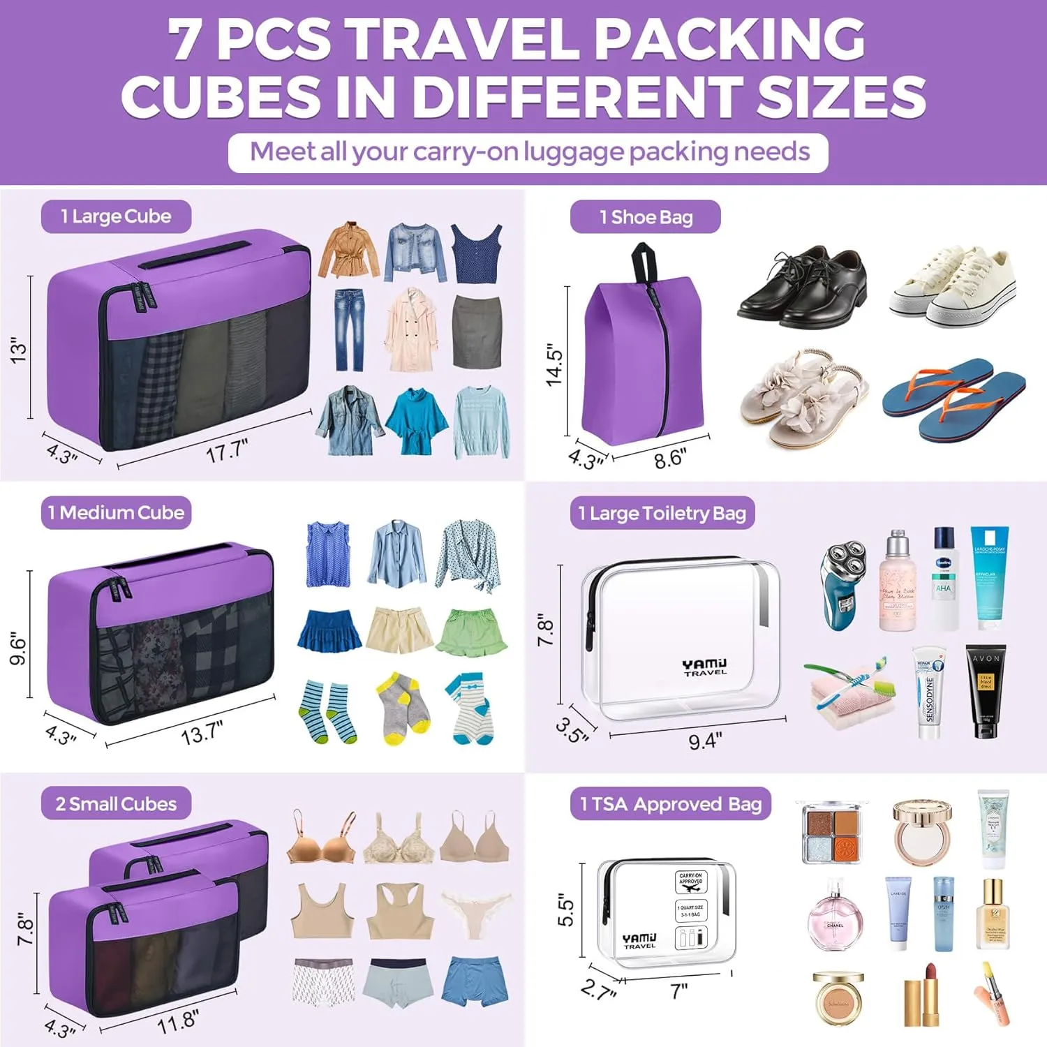 YAMIU Packing Cubes for Suitcases, 7 Pcs luggage organizer bags with Shoe Bag, 2 Waterproof Travel Toiletry Bags, Travel Cubes for Travel Essentials Travel Accessories