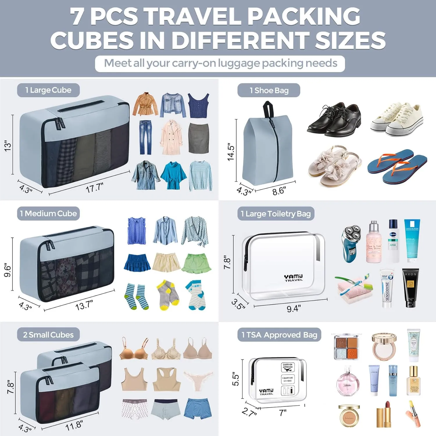 YAMIU Packing Cubes for Suitcases, 7 Pcs luggage organizer bags with Shoe Bag, 2 Waterproof Travel Toiletry Bags, Travel Cubes for Travel Essentials Travel Accessories