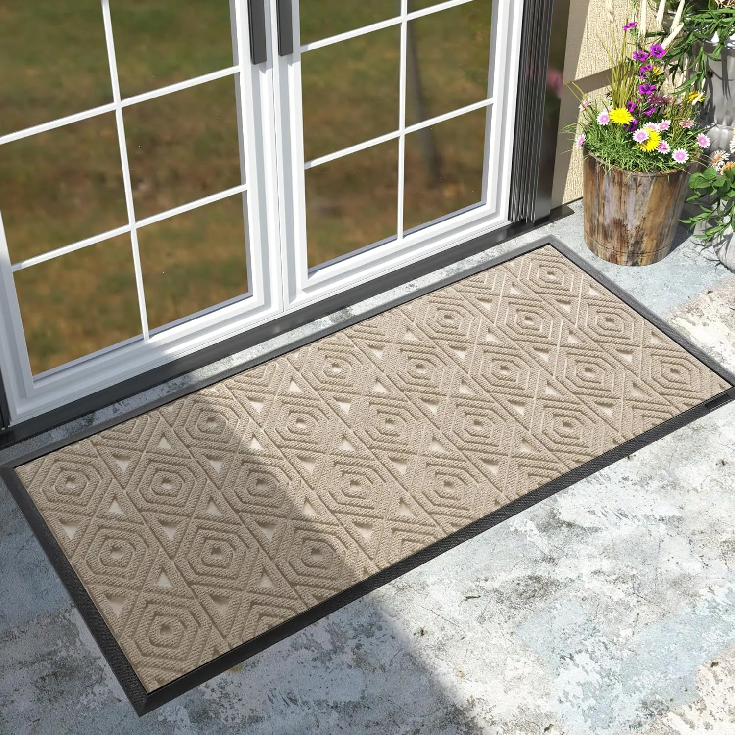 Yimobra Door Mat, Outdoor Indoor Entrance Welcome Mat, Heavy Entry Front Door Mat, Stain & Fade Resistant, Low Profile, Sturdy Rubber, Easy Clean Patio Floor Mat, Waterproof, 47 x 24, Beige
