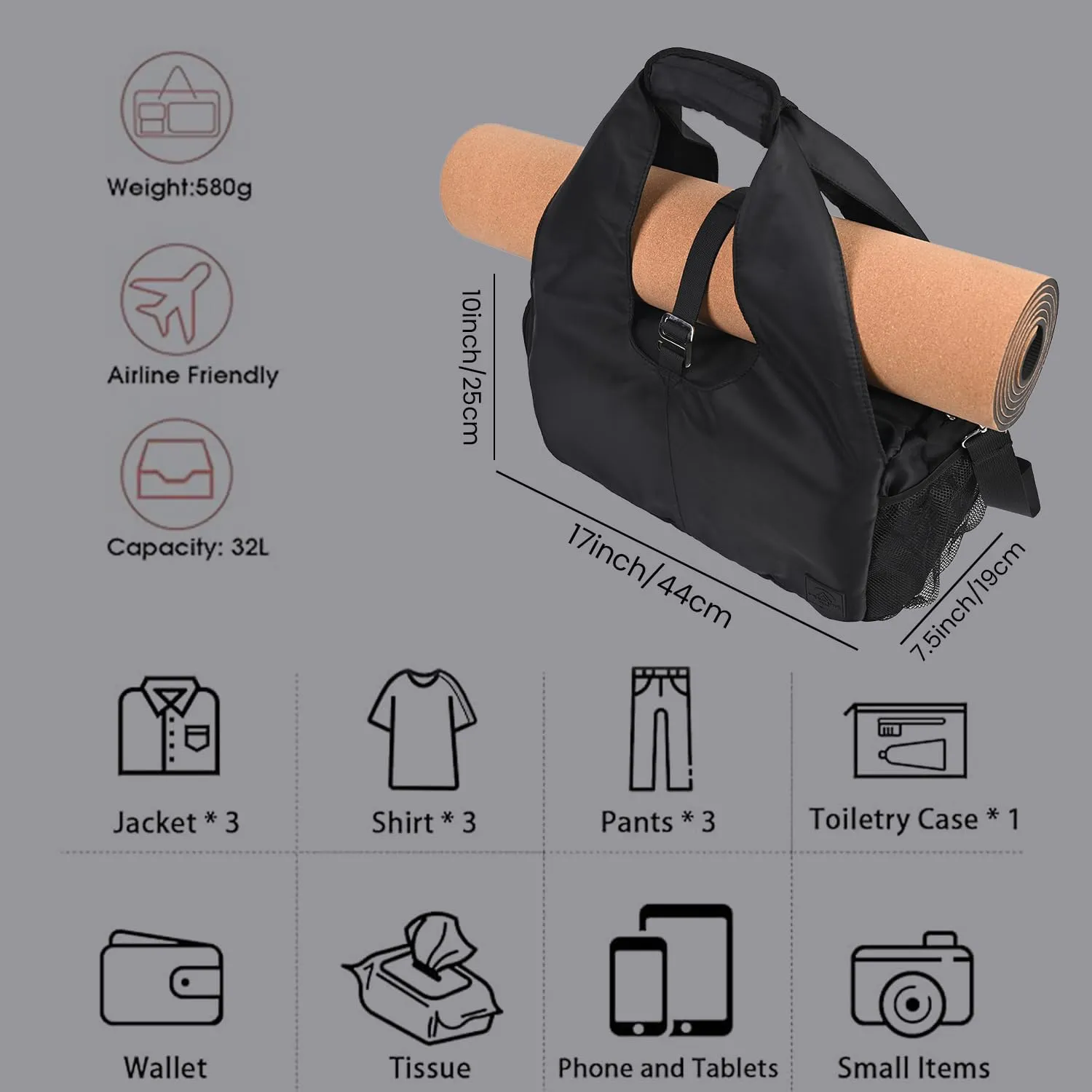 Yoga Bag for Women, Carryall Polyester Yoga Gym Bag Tote Bag for Pilates Bag Shoulder for Travel Office Beach Workout
