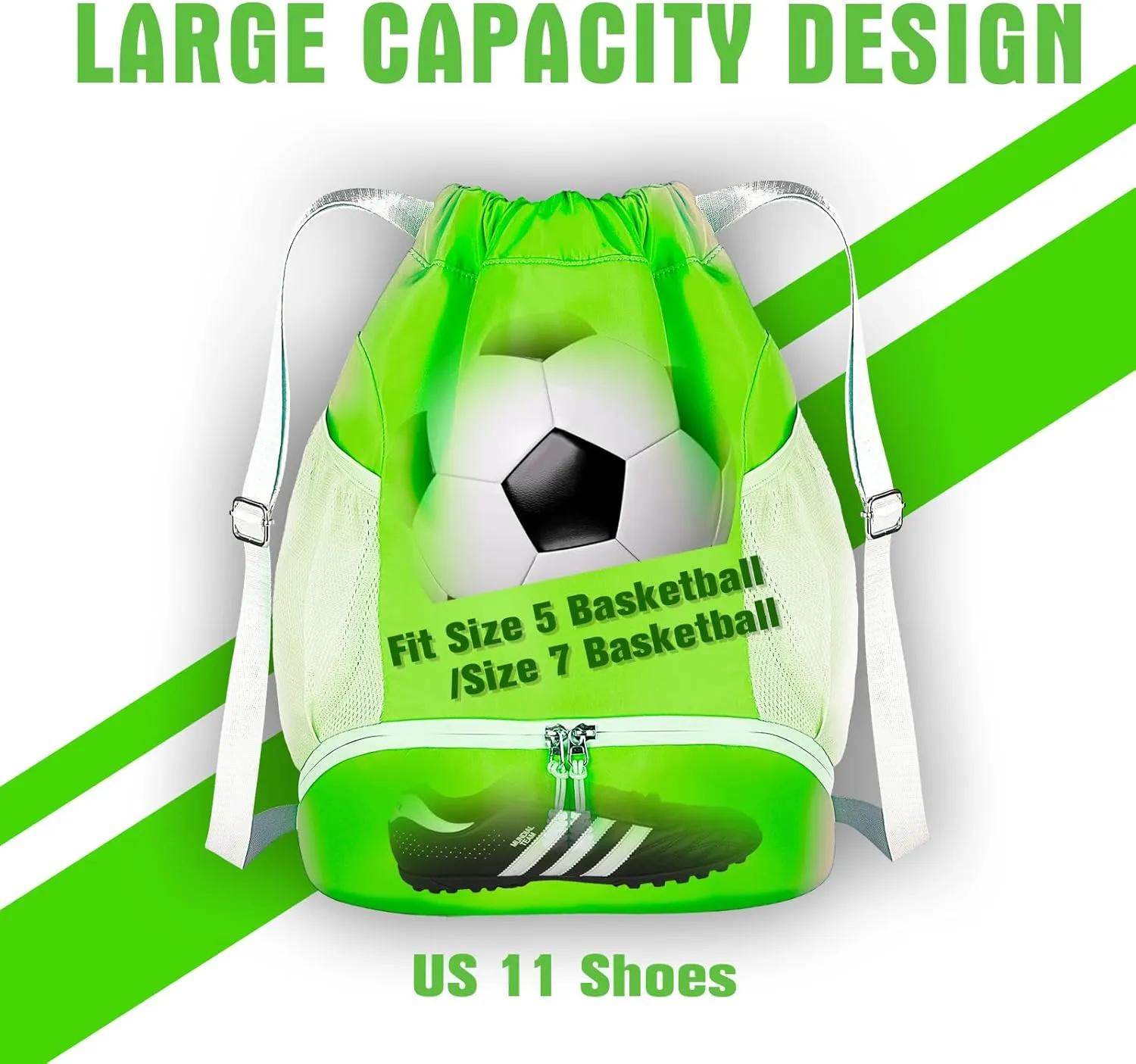 Youth Soccer Bags for Boys Girls, Drawstring Backpack for Basketball Volleyball Football Sport Training Bag with Ball Shoe Dry and Wet Compartments Waterproof (Green)