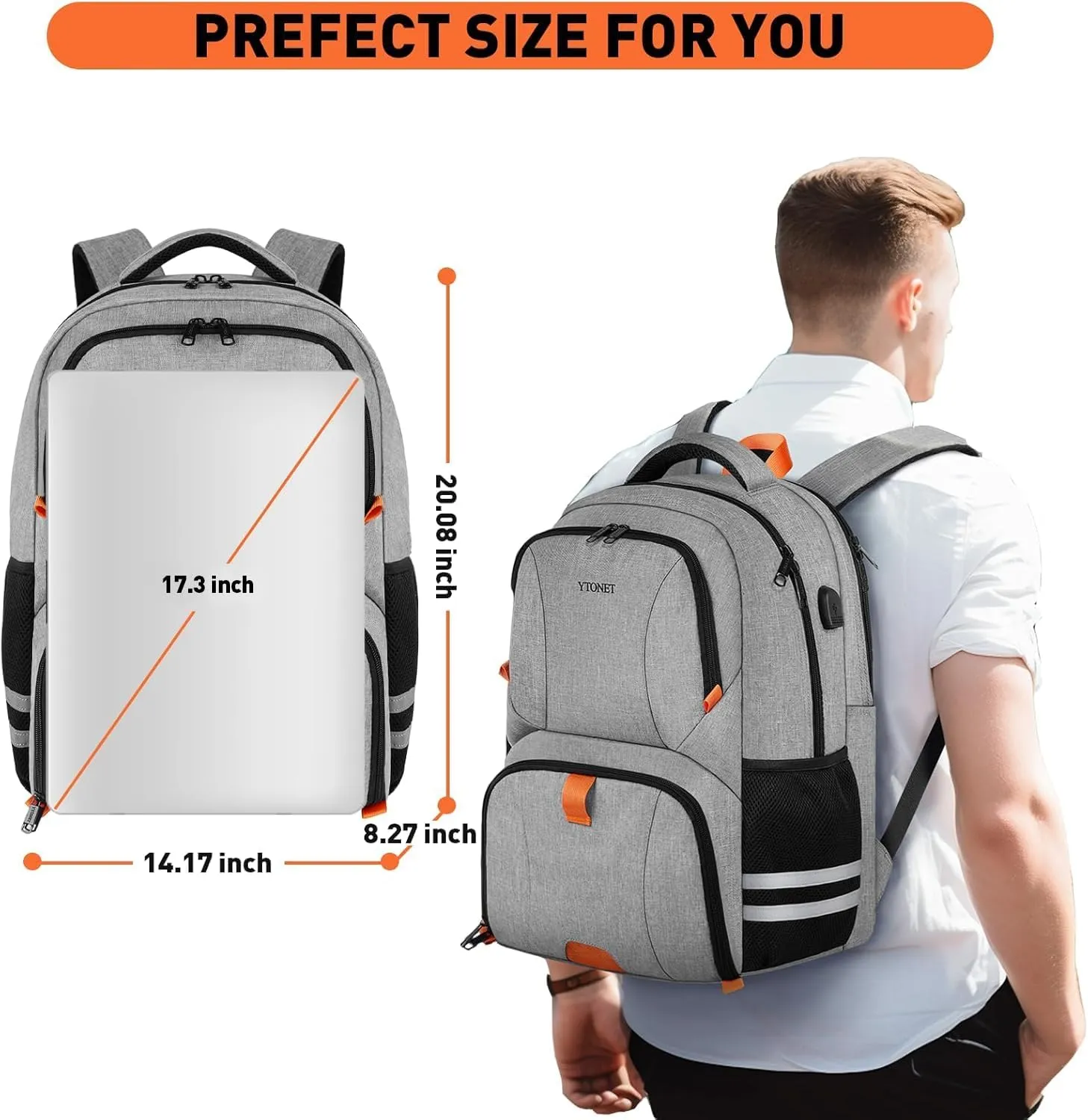 Ytonet Gym Backpack for Men Women, Gym Bags for Men Travel Laptop Backpack with USB Port, Water Resistant Sports Bag Fit 17.3 Inch Laptop, Travel, Workout, Grey