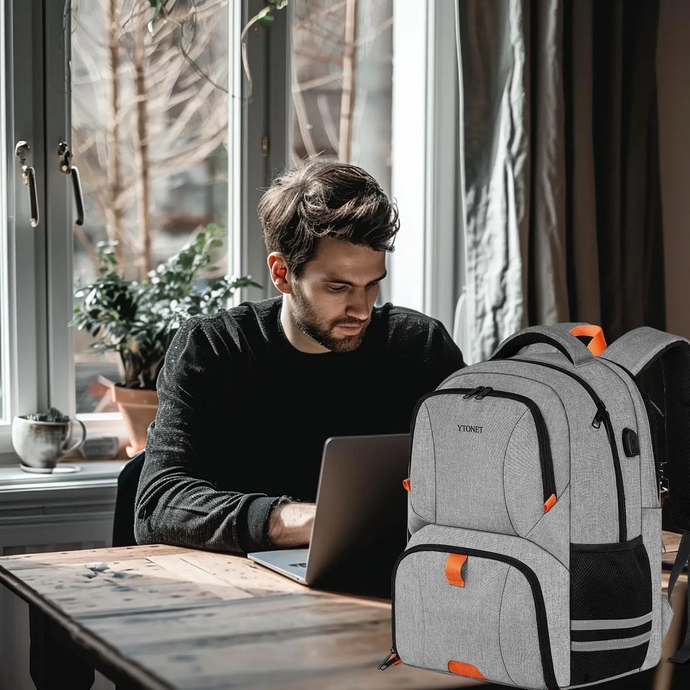 Ytonet Gym Backpack for Men Women, Gym Bags for Men Travel Laptop Backpack with USB Port, Water Resistant Sports Bag Fit 17.3 Inch Laptop, Travel, Workout, Grey
