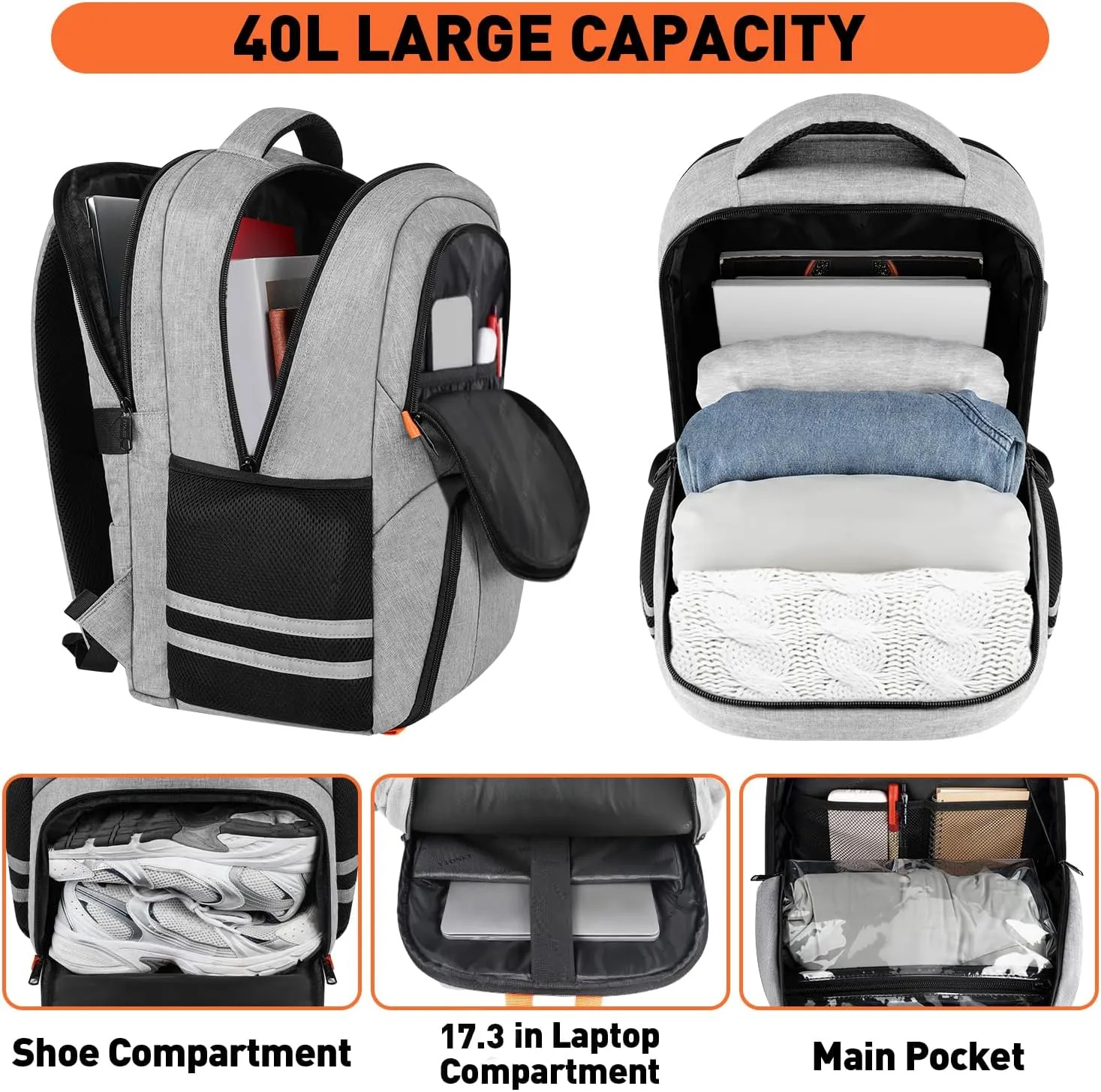 Ytonet Gym Backpack for Men Women, Gym Bags for Men Travel Laptop Backpack with USB Port, Water Resistant Sports Bag Fit 17.3 Inch Laptop, Travel, Workout, Grey