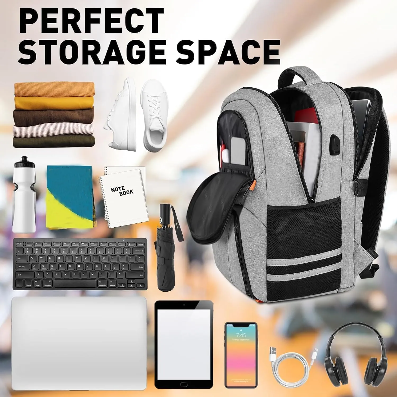 Ytonet Gym Backpack for Men Women, Gym Bags for Men Travel Laptop Backpack with USB Port, Water Resistant Sports Bag Fit 17.3 Inch Laptop, Travel, Workout, Grey