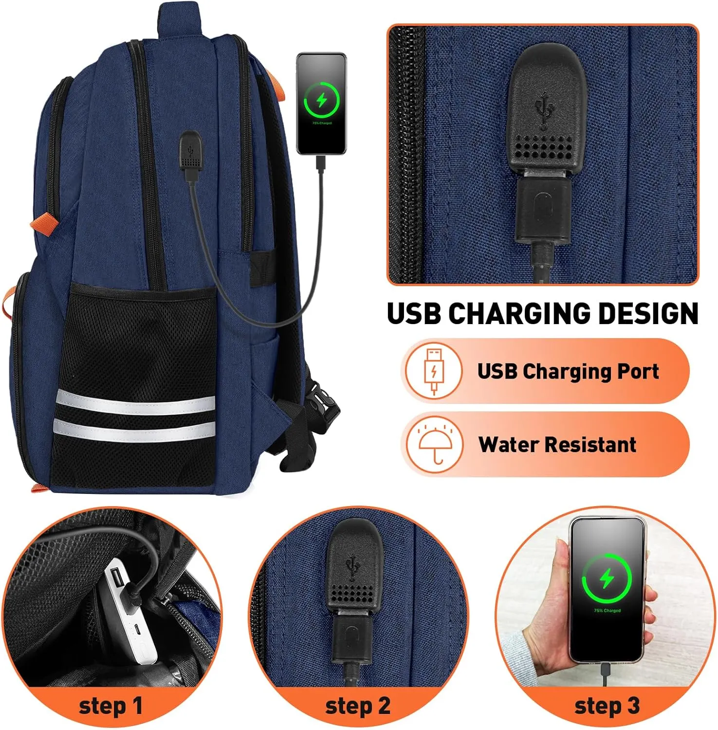 Ytonet Gym Backpack for Men Women, Travel Backpack with USB Charging Port, Lightweight Water Resistant Workout Gym Bag Fit 17.3 Inch Laptop, Sports, Camping, Hiking, Dark Blue