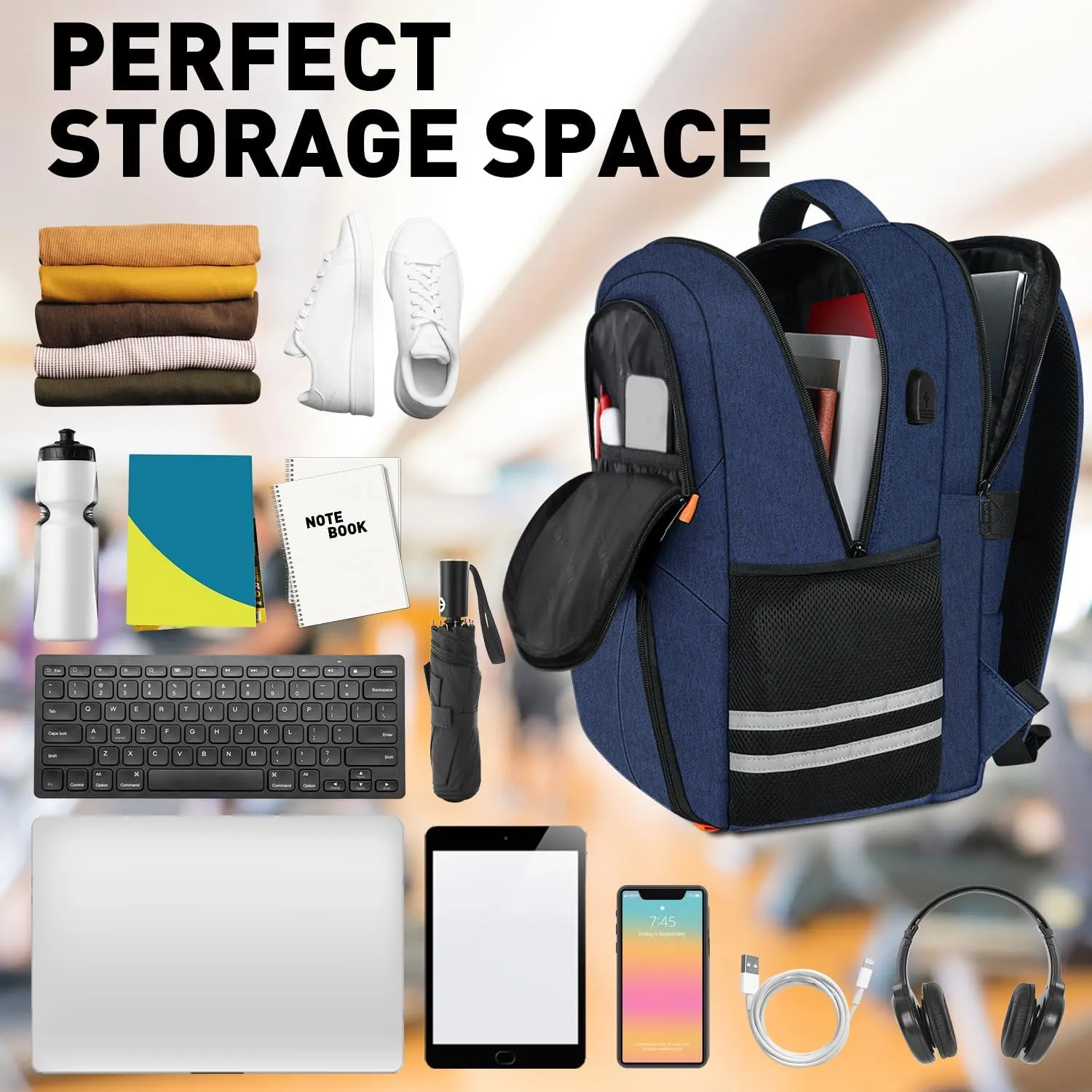 Ytonet Gym Backpack for Men Women, Travel Backpack with USB Charging Port, Lightweight Water Resistant Workout Gym Bag Fit 17.3 Inch Laptop, Sports, Camping, Hiking, Dark Blue