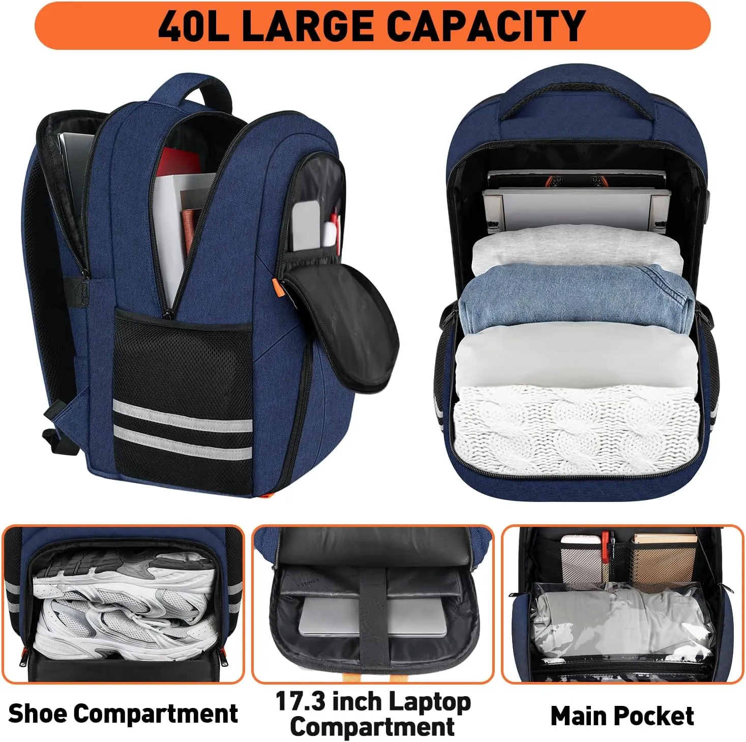 Ytonet Gym Backpack for Men Women, Travel Backpack with USB Charging Port, Lightweight Water Resistant Workout Gym Bag Fit 17.3 Inch Laptop, Sports, Camping, Hiking, Dark Blue