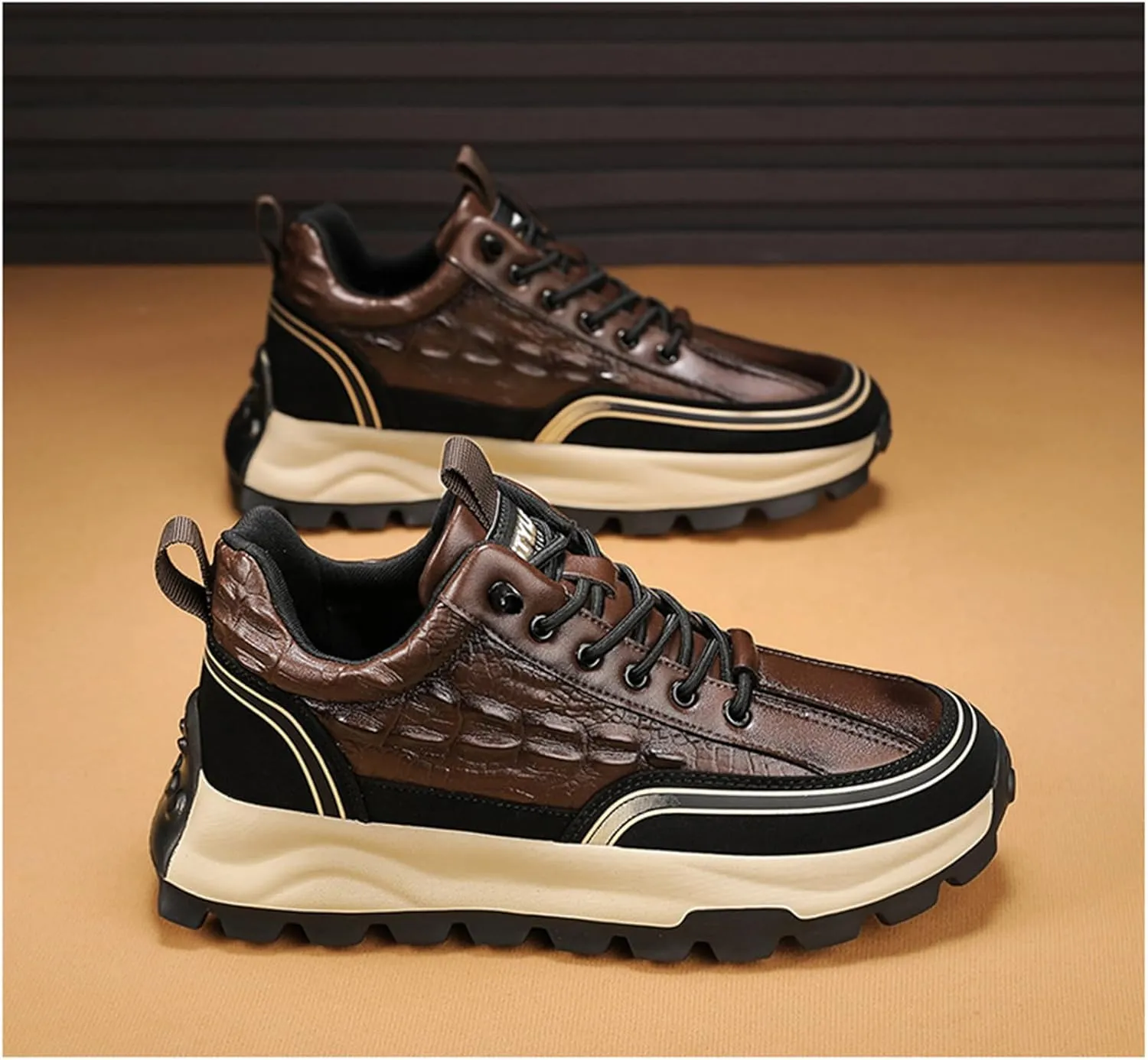 Yuizko Men's Print Cowhide Fashion Sneakers with Elastic Band,Casual Soft Lace up Non-Slip Comfortable Walking Driving Shoes