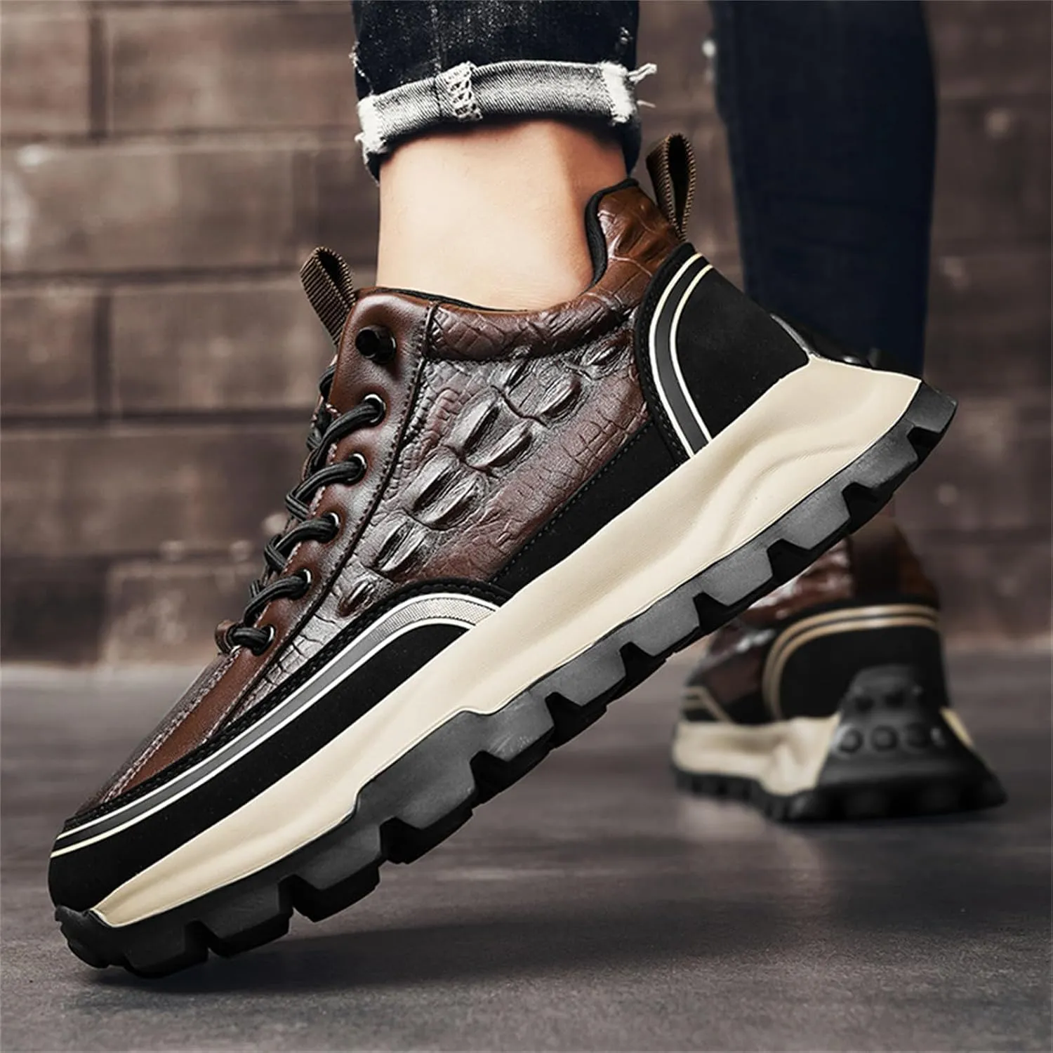 Yuizko Men's Print Cowhide Fashion Sneakers with Elastic Band,Casual Soft Lace up Non-Slip Comfortable Walking Driving Shoes