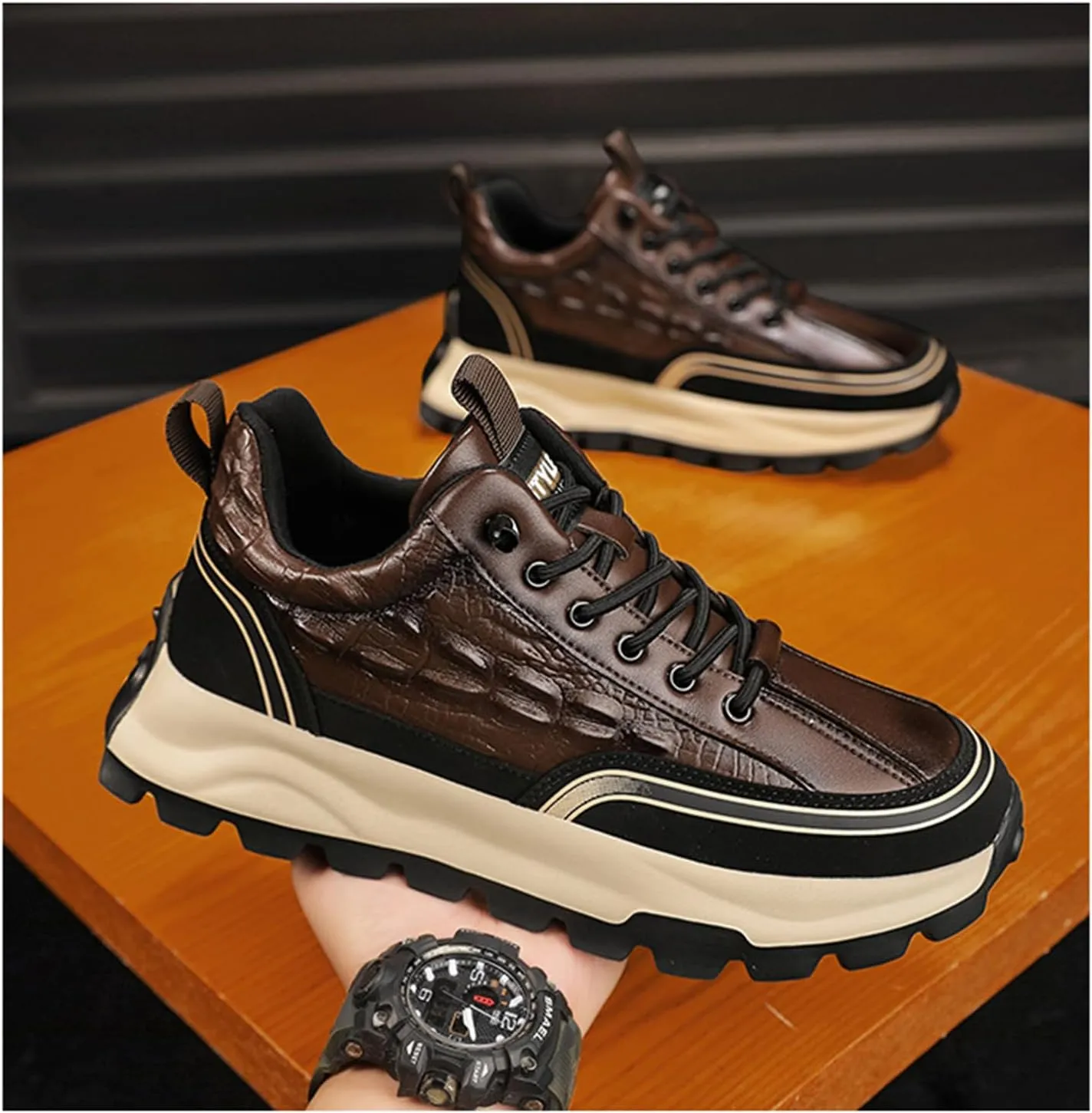 Yuizko Men's Print Cowhide Fashion Sneakers with Elastic Band,Casual Soft Lace up Non-Slip Comfortable Walking Driving Shoes