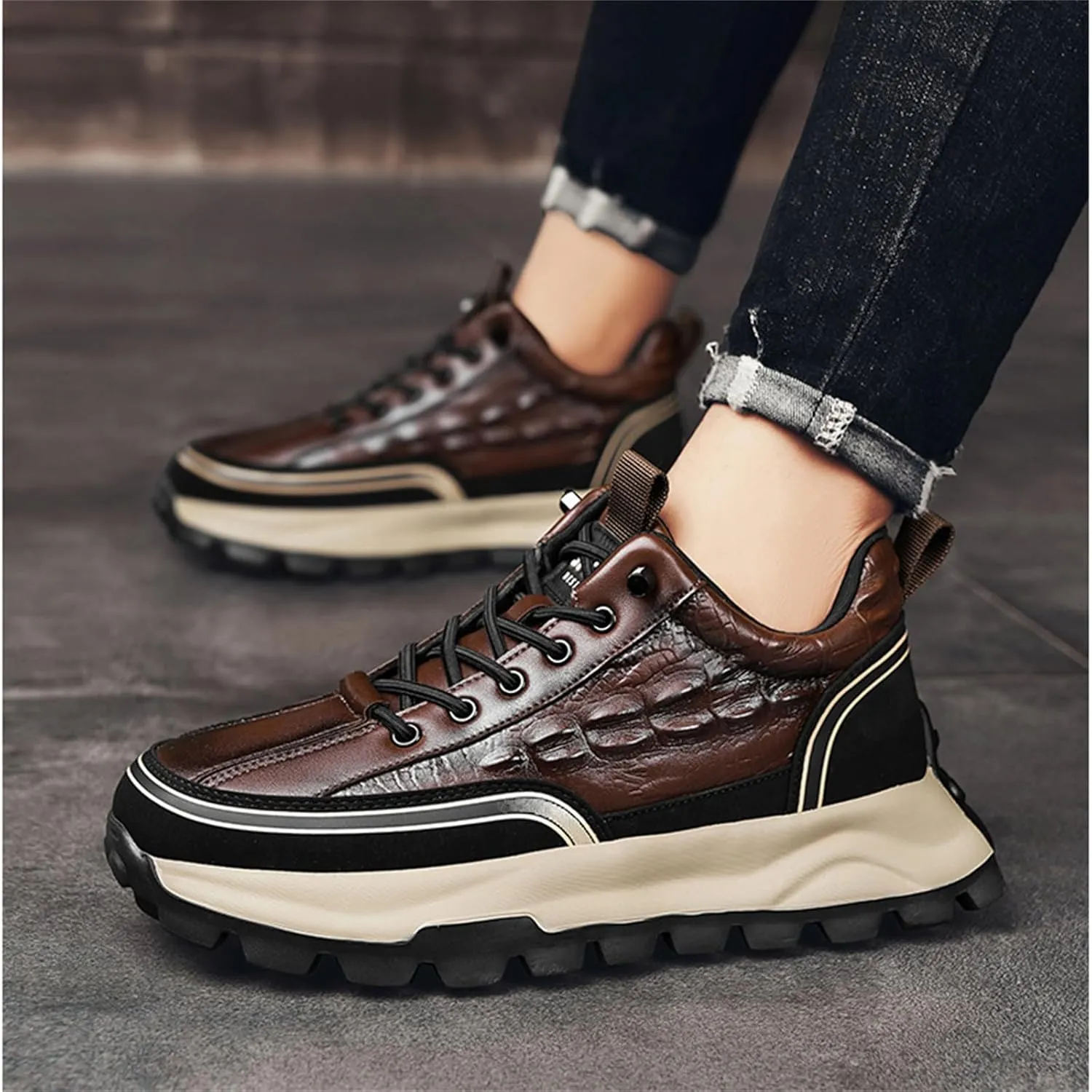 Yuizko Men's Print Cowhide Fashion Sneakers with Elastic Band,Casual Soft Lace up Non-Slip Comfortable Walking Driving Shoes