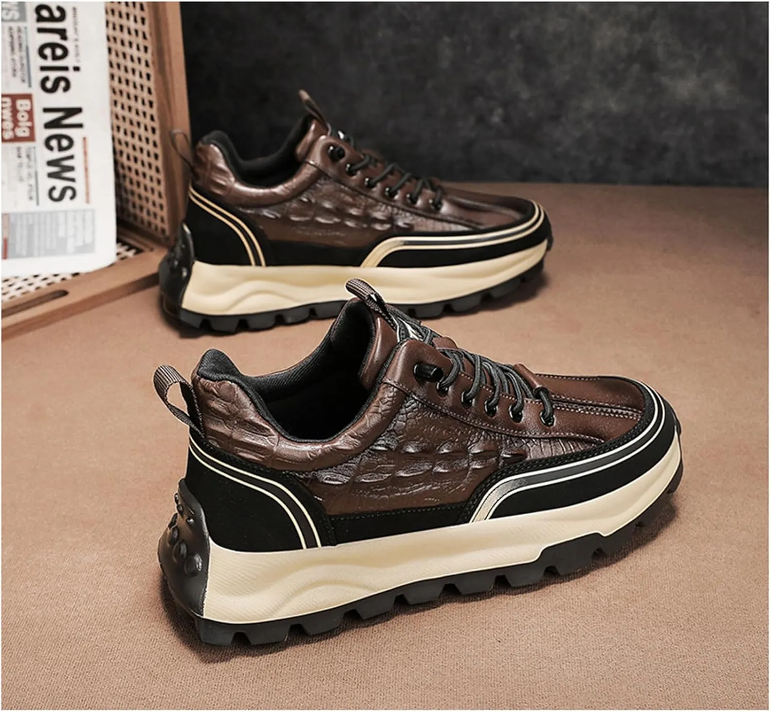Yuizko Men's Print Cowhide Fashion Sneakers with Elastic Band,Casual Soft Lace up Non-Slip Comfortable Walking Driving Shoes
