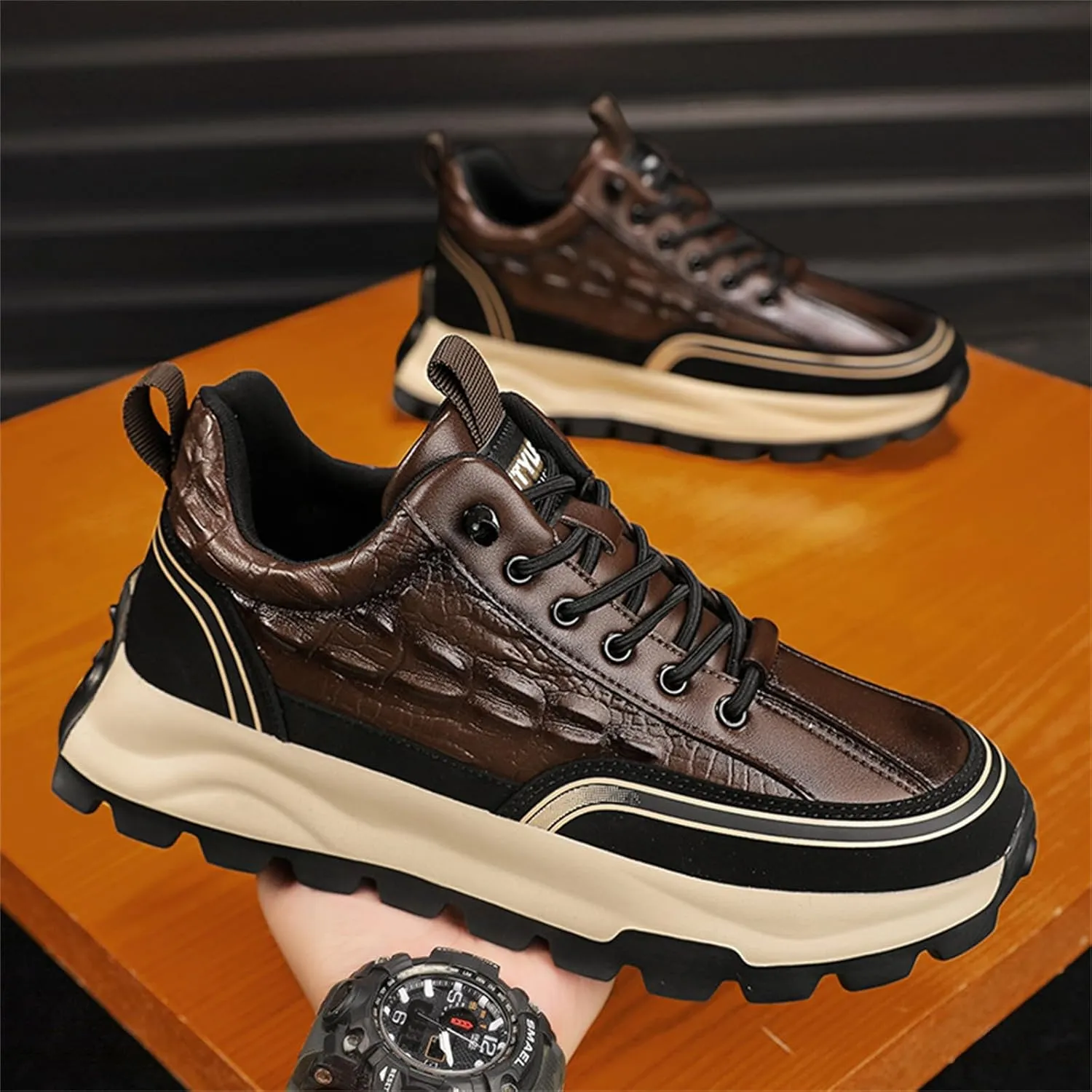 Yuizko Men's Print Cowhide Fashion Sneakers with Elastic Band,Casual Soft Lace up Non-Slip Comfortable Walking Driving Shoes