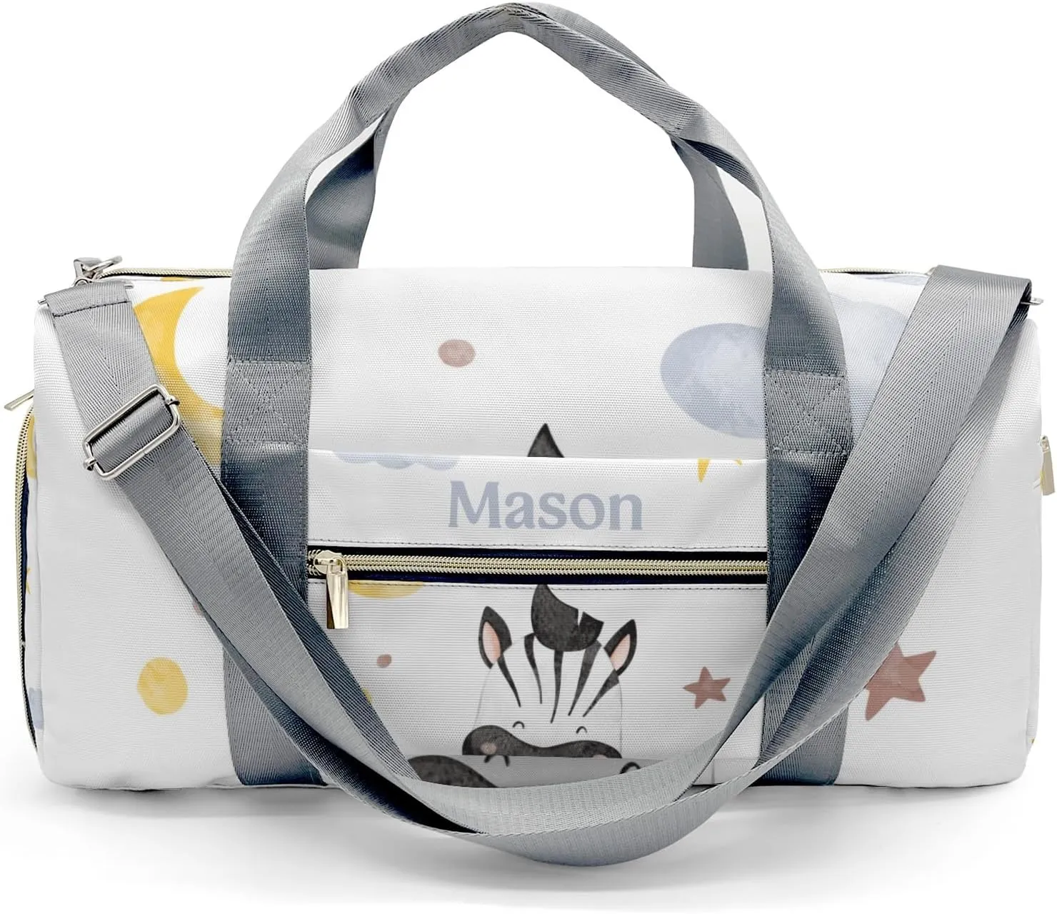 Zebra Moon Stars Clouds Personalized Duffel Bag,Custom Travel Gym Bag with Name,Waterproof Sports Overnight Bag with Shoe Compartment & Shoulder Strap