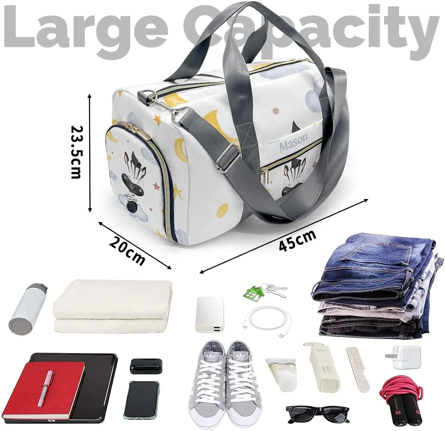 Zebra Moon Stars Clouds Personalized Duffel Bag,Custom Travel Gym Bag with Name,Waterproof Sports Overnight Bag with Shoe Compartment & Shoulder Strap