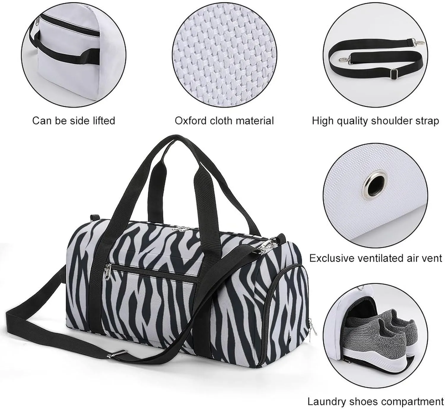Zebra Print Sport Gym Duffle Travel Bag with Shoe Compartment,Wet Pocket for Men And Women